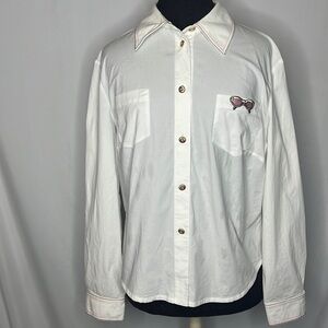 ST JOHN sport white cotton button down shirt with sunglasses emblem